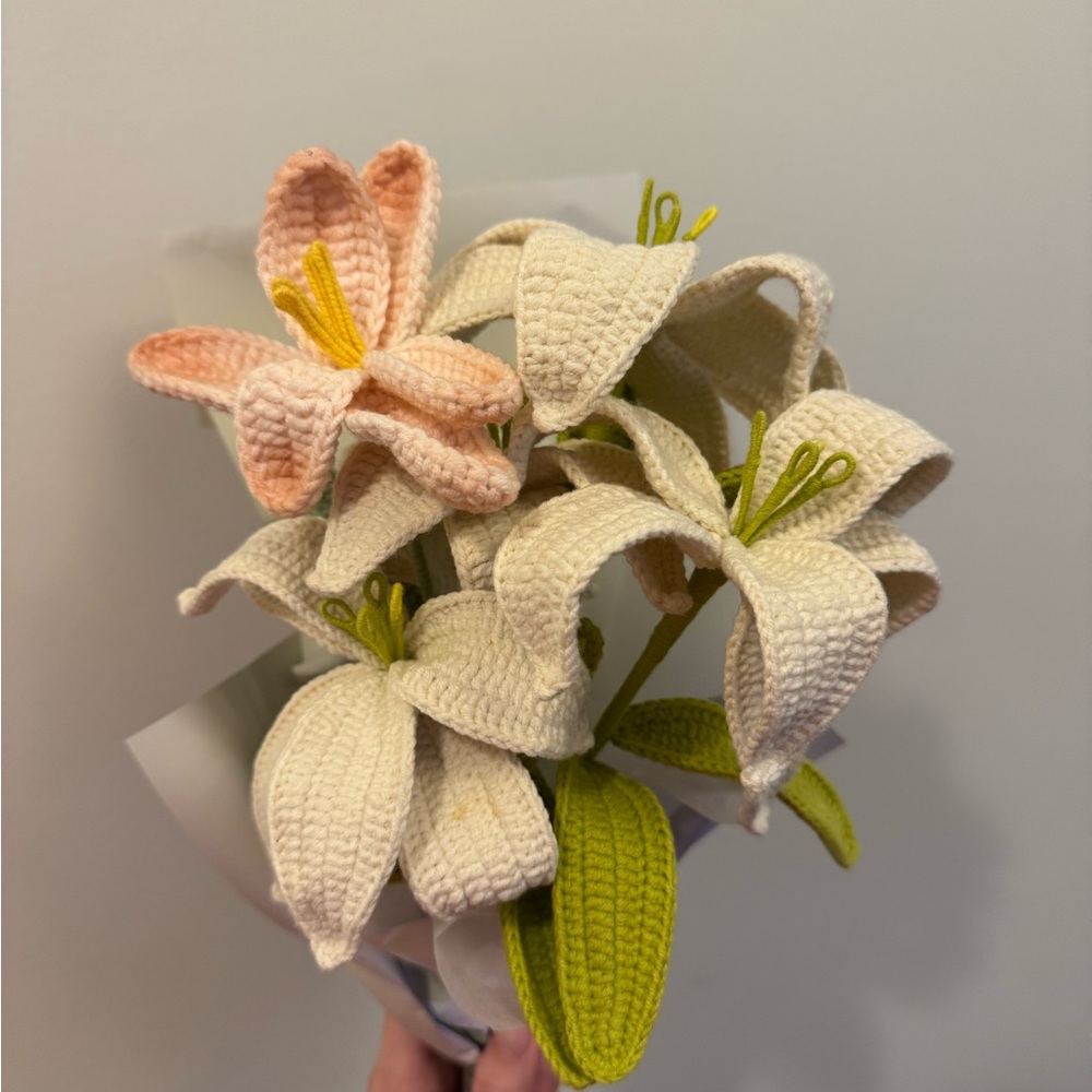 Handcrafted Cream and Pink Crochet Flower Bouquet